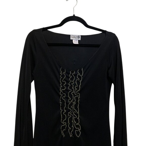 Vintage Luly K Sheer Black Midi Dress With Ruffle Front Bell Sleeves Sz L Witchy - Picture 9 of 16